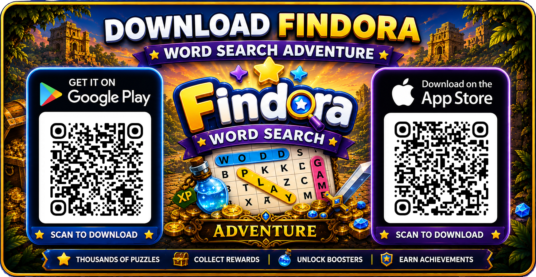 Download Findora Word Search Adventure for Android and iOS with QR codes