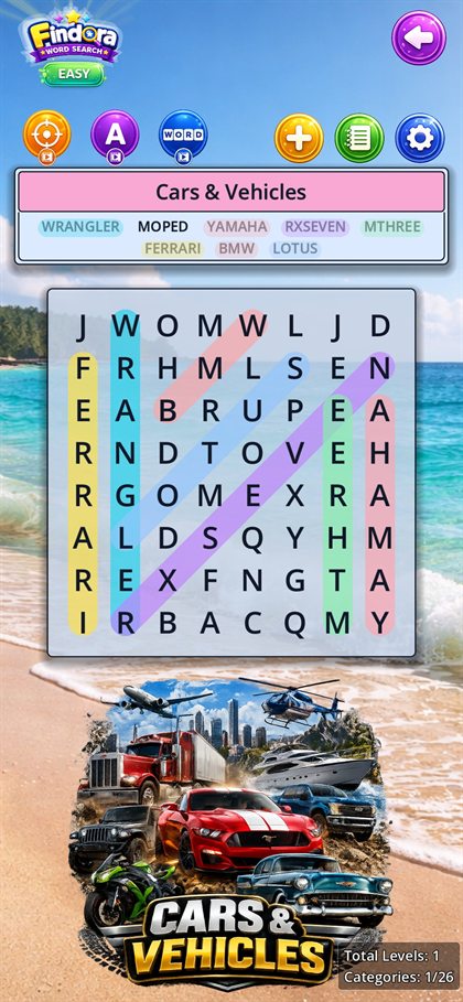 Findora Word Search cars and vehicles puzzle