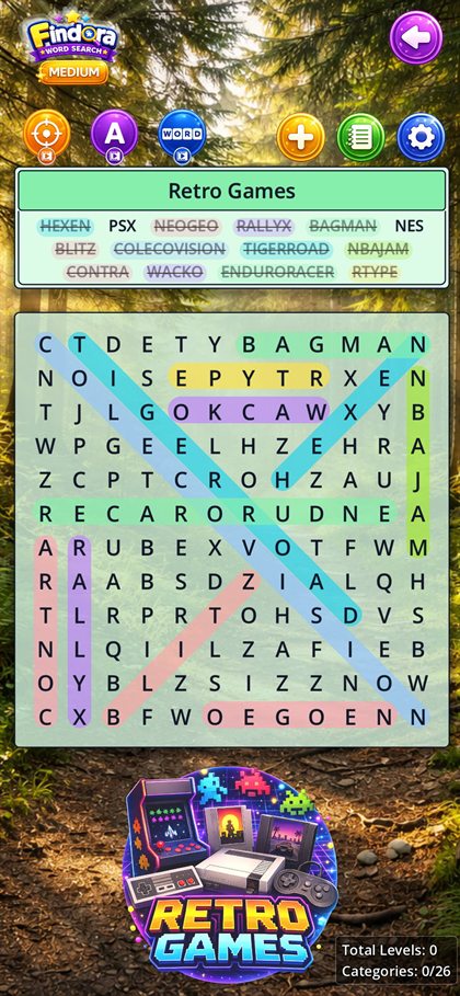 Findora Word Search retro games puzzle